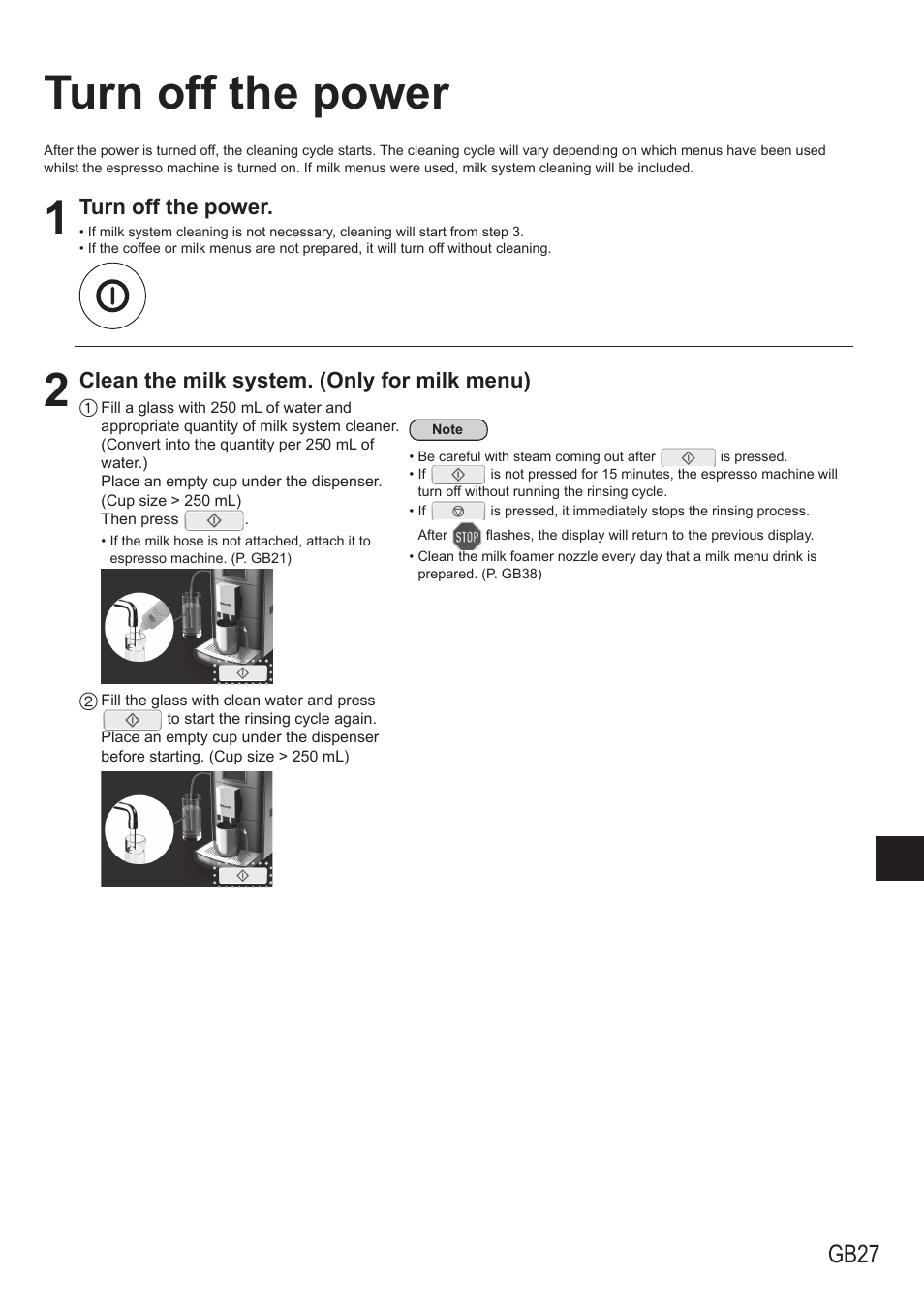 Turn off the power, Gb27, Clean the milk system. (only for milk menu) | Panasonic NCZA1 User Manual | Page 27 / 268