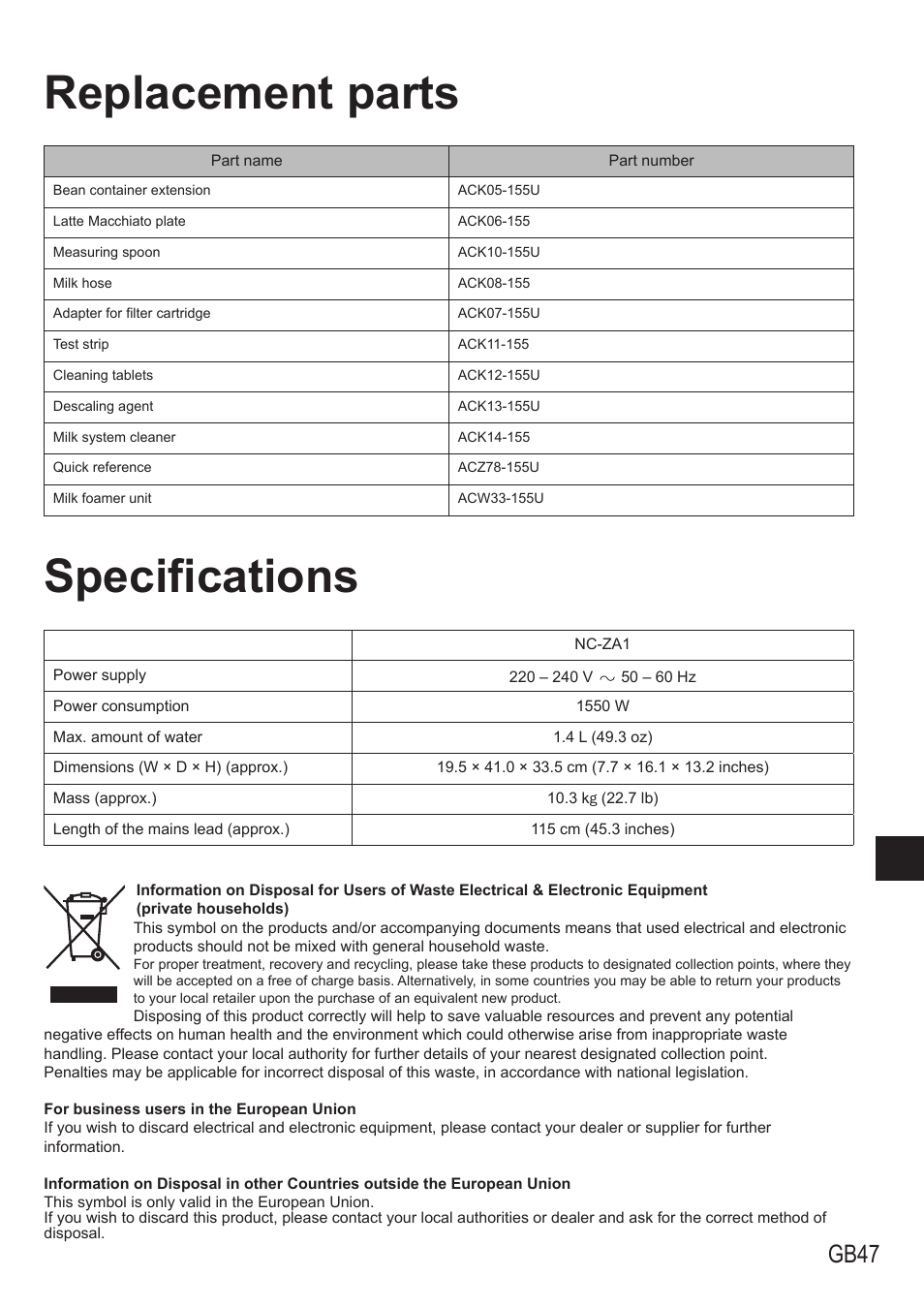 Replacement parts specifications, Gb47 | Panasonic NCZA1 User Manual | Page 47 / 268