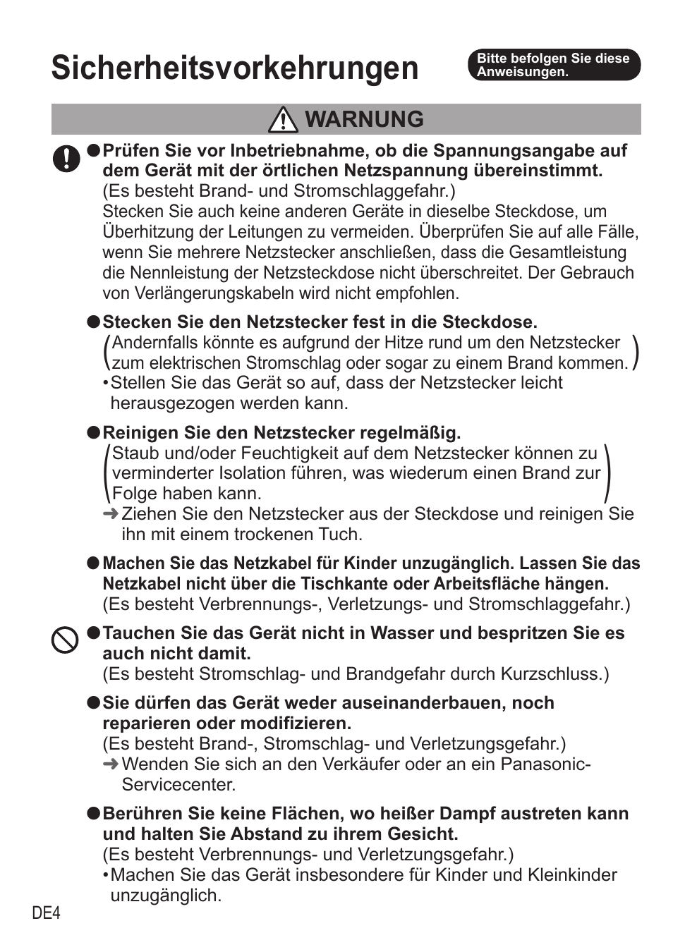 Sicherheitsvorkehrungen, Warnung | Panasonic NCZA1 User Manual | Page 50 / 268