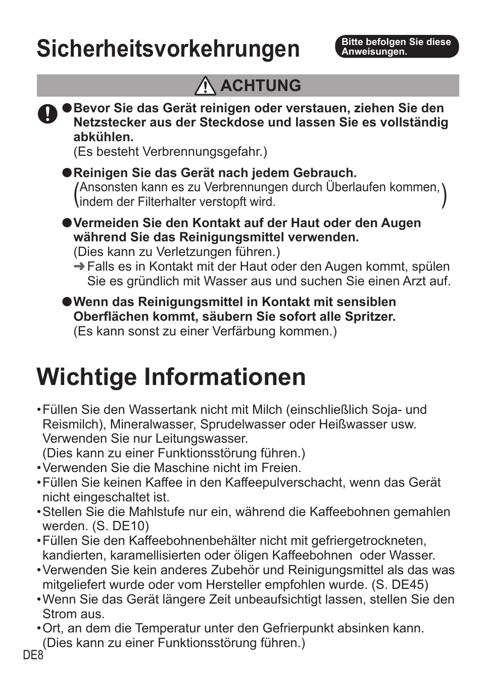 Sicherheitsvorkehrungen, Wichtige informationen, Achtung | Panasonic NCZA1 User Manual | Page 54 / 268