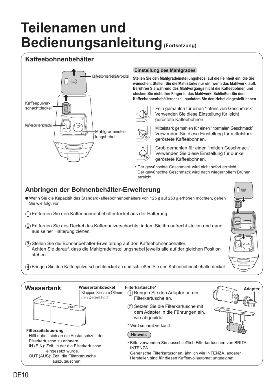 Teilenamen und bedienungsanleitung, De10, Kaffeebohnenbehälter | Anbringen der bohnenbehälter-erweiterung, Wassertank | Panasonic NCZA1 User Manual | Page 56 / 268