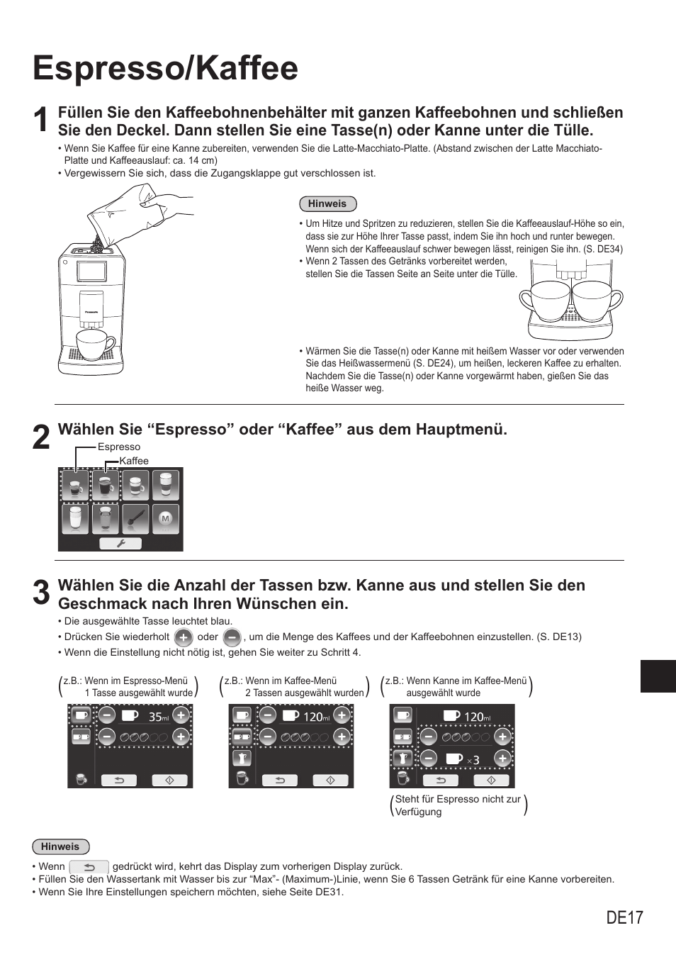 Espresso/kaffee 1, De17 | Panasonic NCZA1 User Manual | Page 63 / 268