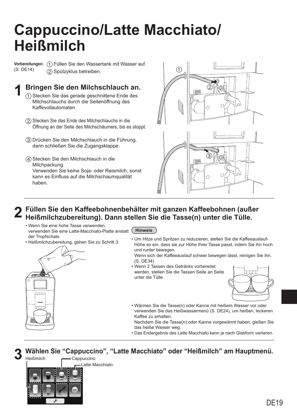 Cappuccino/latte macchiato/ heißmilch, De19 | Panasonic NCZA1 User Manual | Page 65 / 268