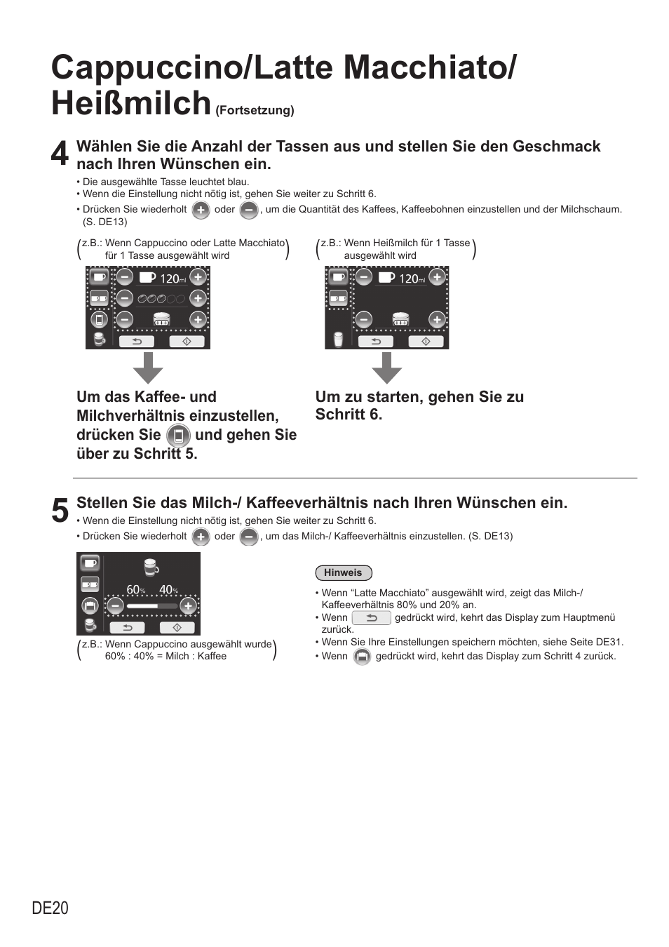 Cappuccino/latte macchiato/ heißmilch, De20 | Panasonic NCZA1 User Manual | Page 66 / 268