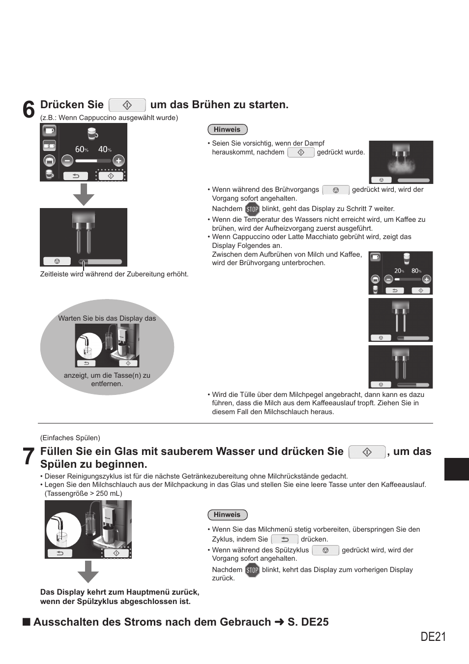 De21, Drücken sie um das brühen zu starten | Panasonic NCZA1 User Manual | Page 67 / 268