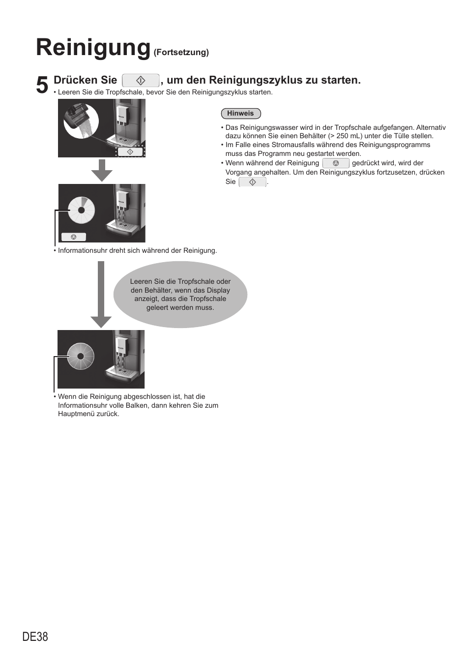 Reinigung, De38, Drücken sie , um den reinigungszyklus zu starten | Panasonic NCZA1 User Manual | Page 84 / 268