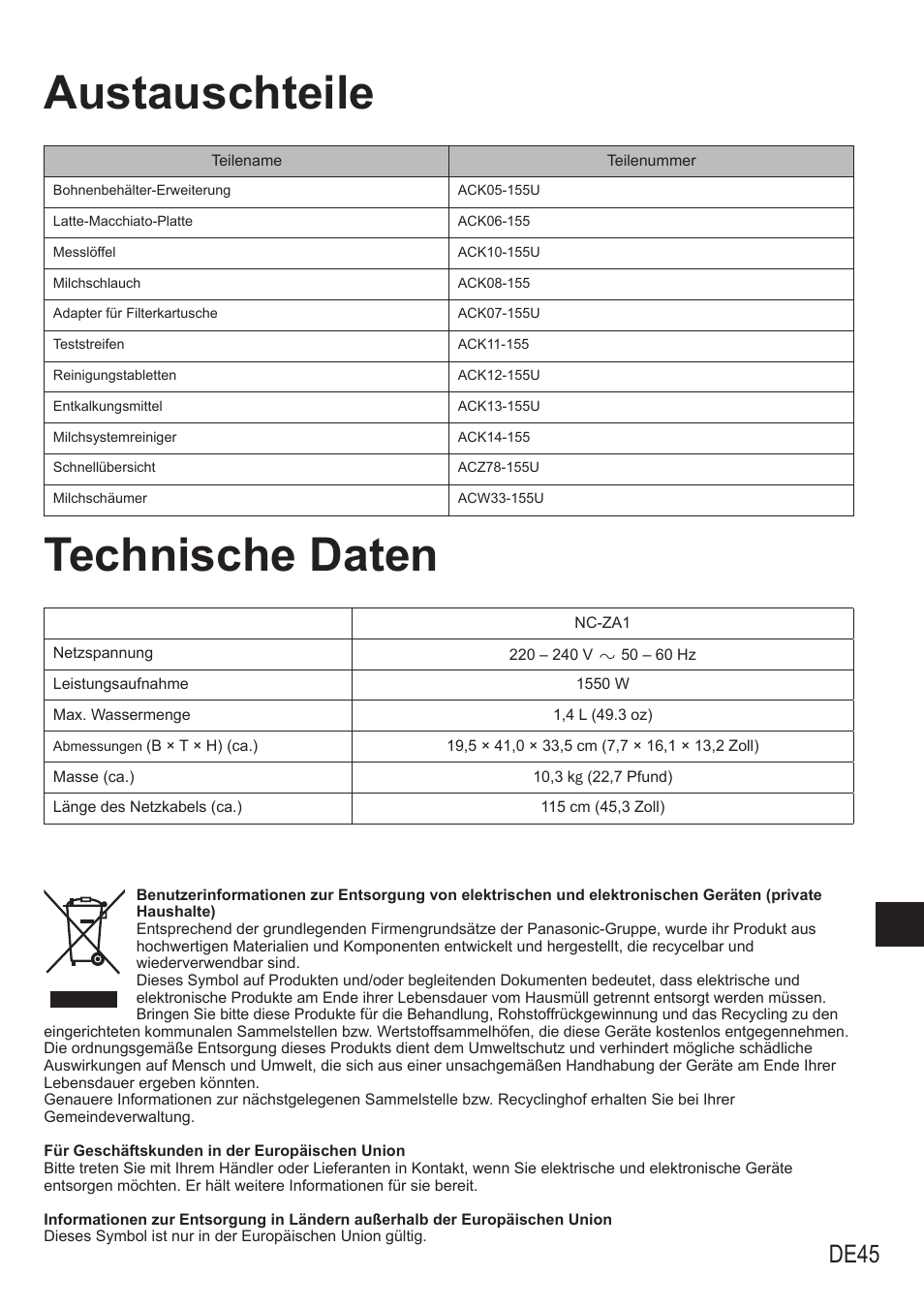 Austauschteile technische daten, De45 | Panasonic NCZA1 User Manual | Page 91 / 268