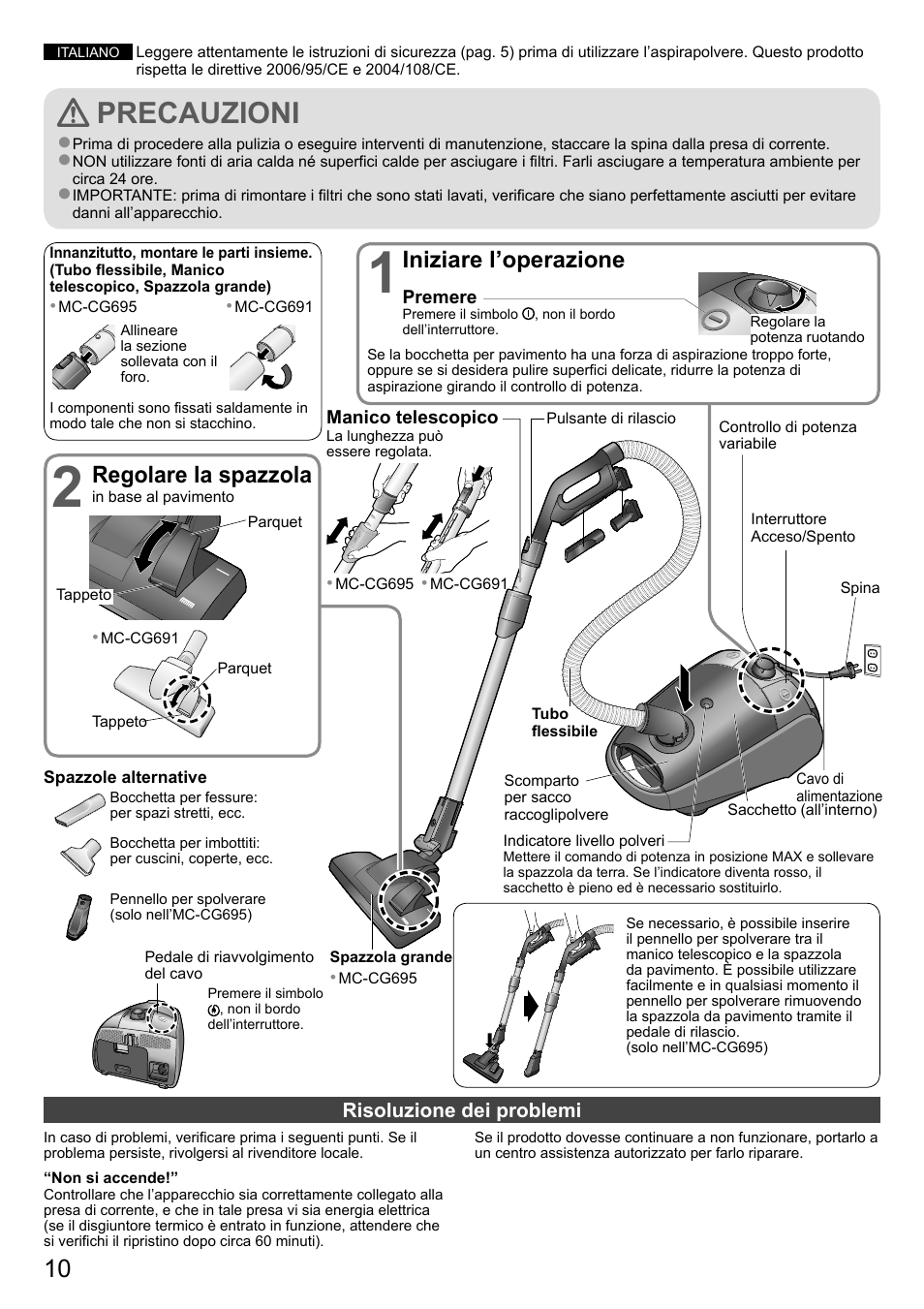 Precauzioni, Regolare la spazzola, Iniziare l’operazione | Panasonic MCCG695ZC7A User Manual | Page 10 / 12