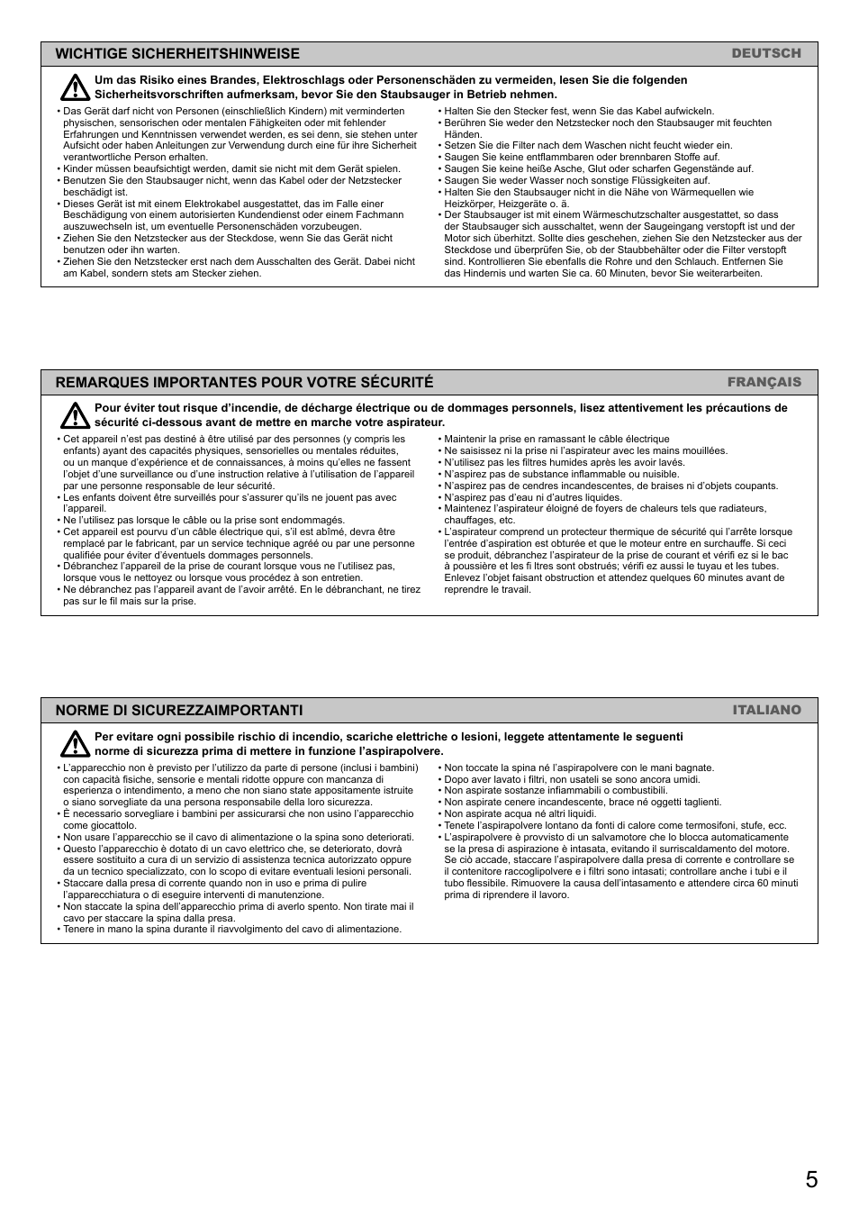 Wichtige sicherheitshinweise, Remarques importantes pour votre sécurité, Norme di sicurezzaimportanti | Panasonic MCCG695ZC7A User Manual | Page 5 / 12