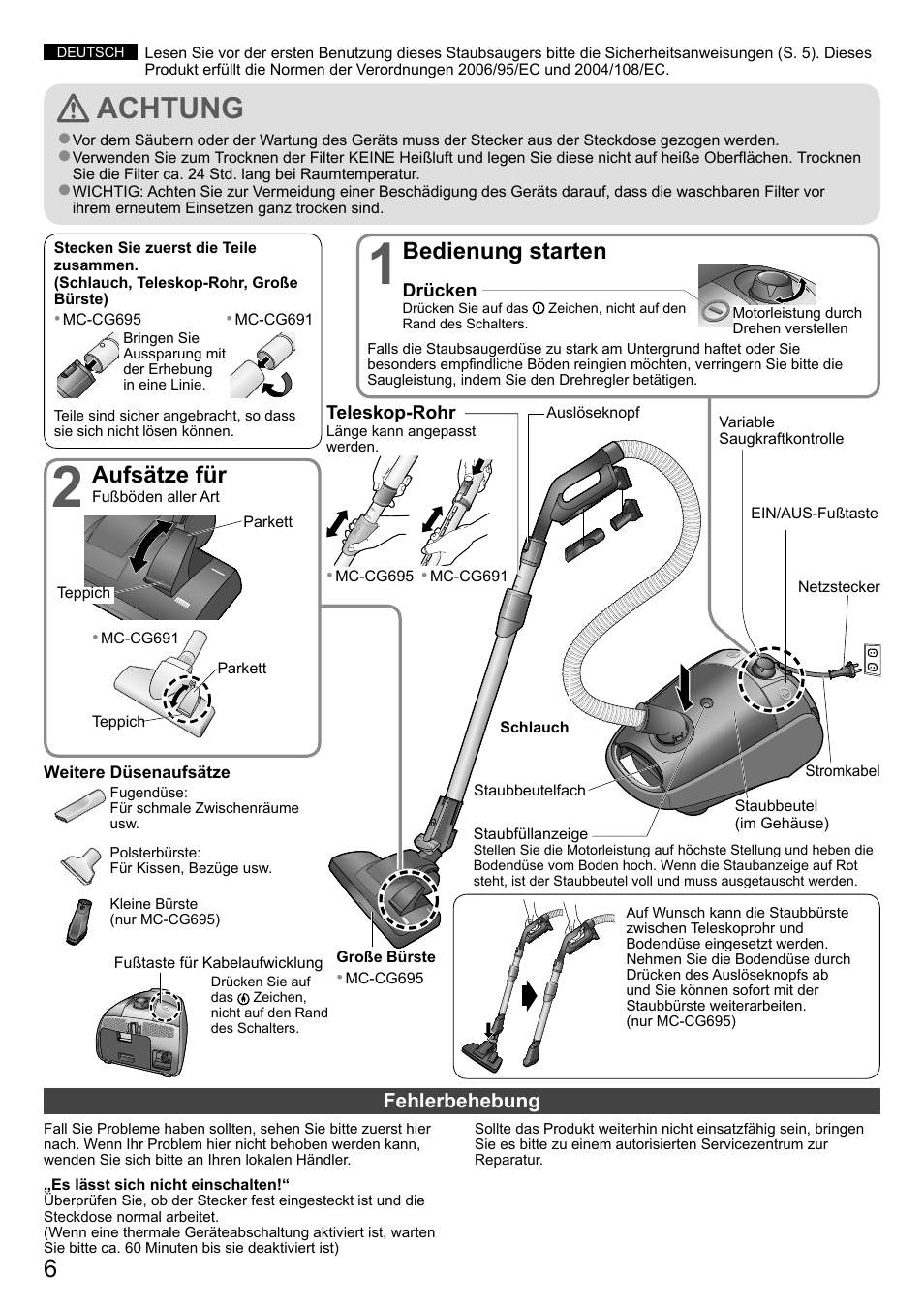 Achtung, Aufsätze für, Bedienung starten | Panasonic MCCG695ZC7A User Manual | Page 6 / 12