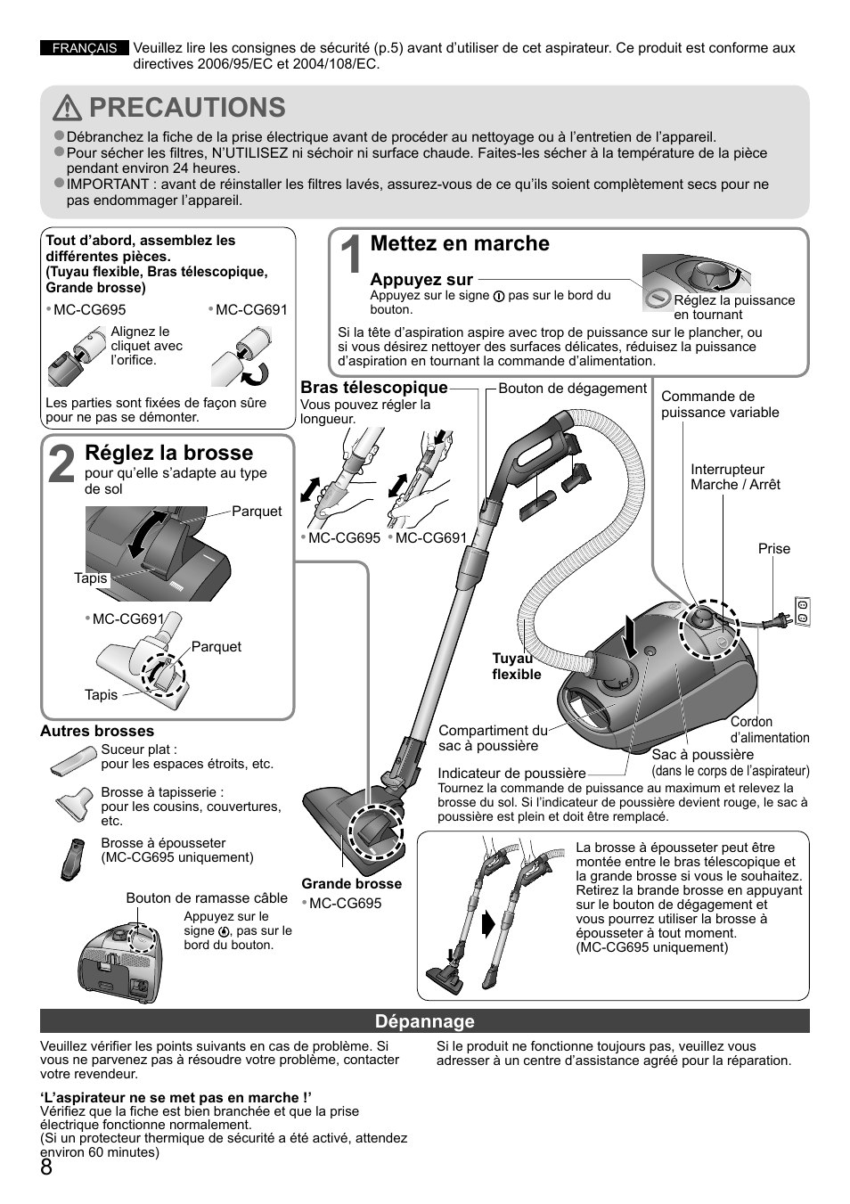 Precautions, Réglez la brosse, Mettez en marche | Panasonic MCCG695ZC7A User Manual | Page 8 / 12