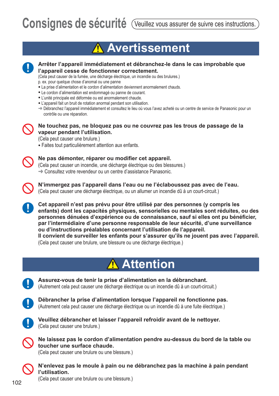 Consignes de sécurité, Avertissement, Attention | Veuillez vous assurer de suivre ces instructions | Panasonic SDZB2502BXA User Manual | Page 102 / 200