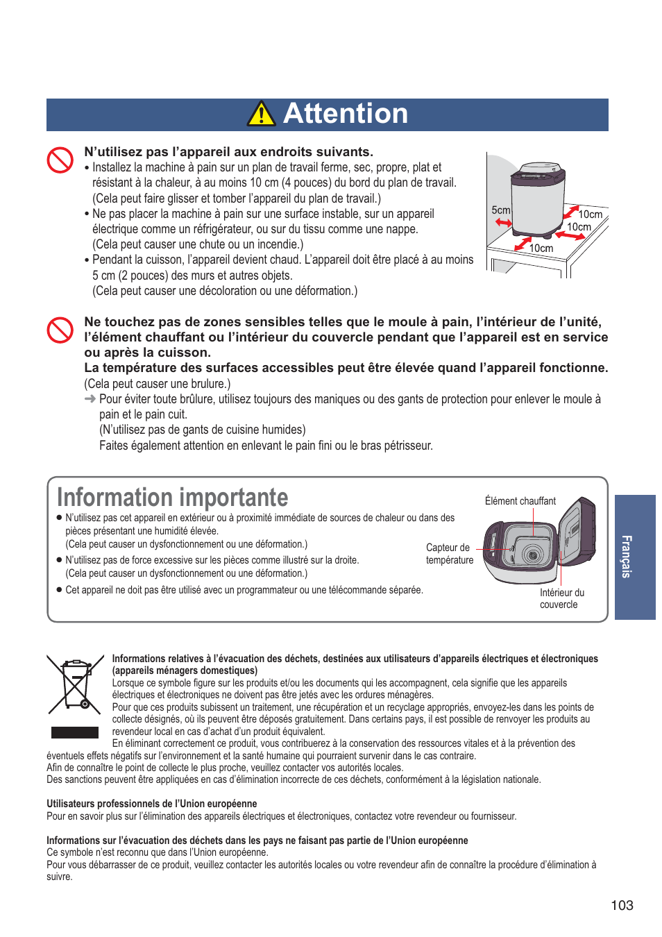 Attention, Information importante | Panasonic SDZB2502BXA User Manual | Page 103 / 200