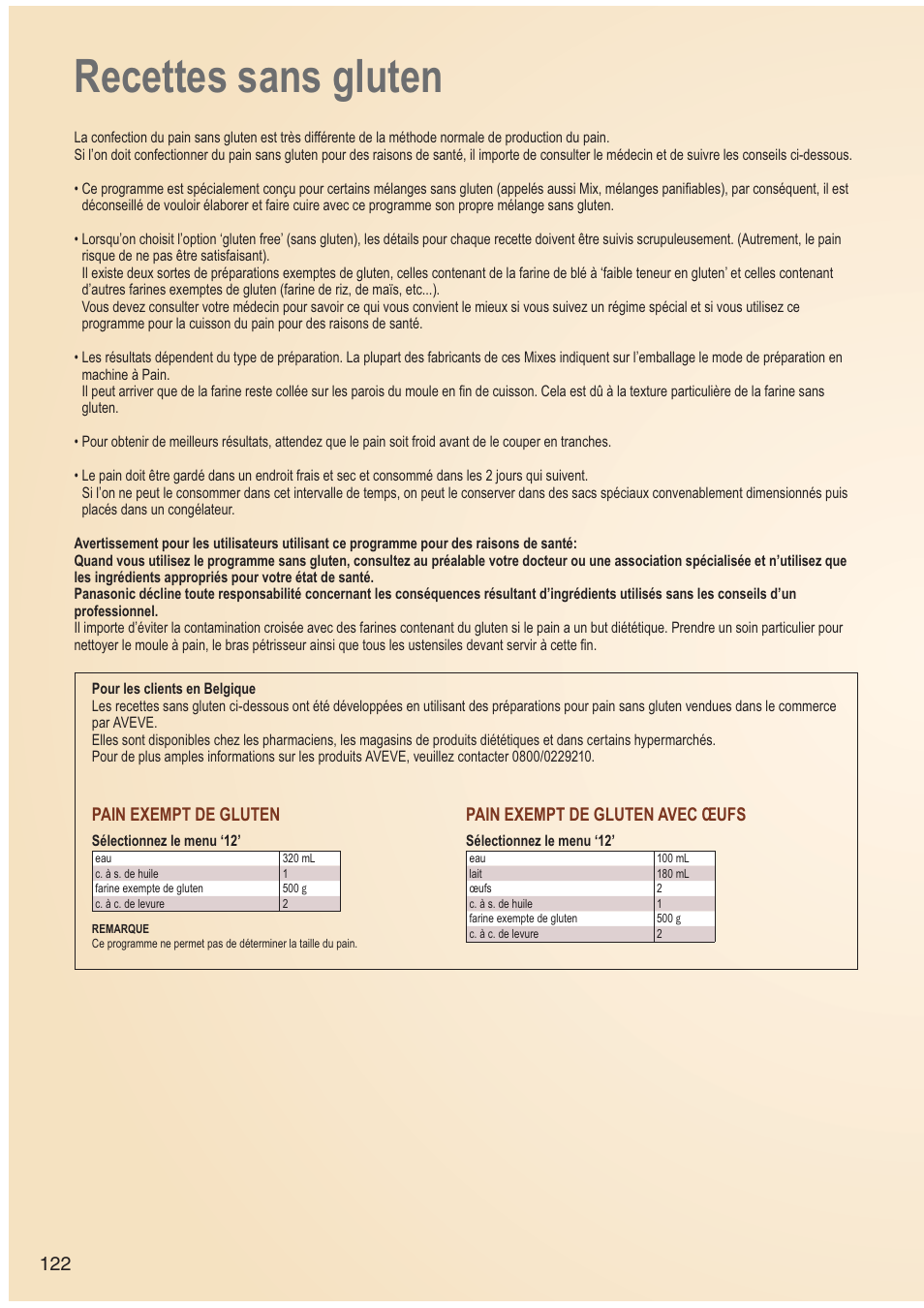 Recettes sans gluten, Pain exempt de gluten, Pain exempt de gluten avec œufs | Panasonic SDZB2502BXA User Manual | Page 122 / 200