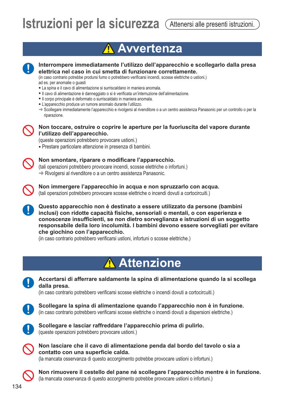 Istruzioni per la sicurezza, Avvertenza, Attenzione | Attenersi alle presenti istruzioni | Panasonic SDZB2502BXA User Manual | Page 134 / 200