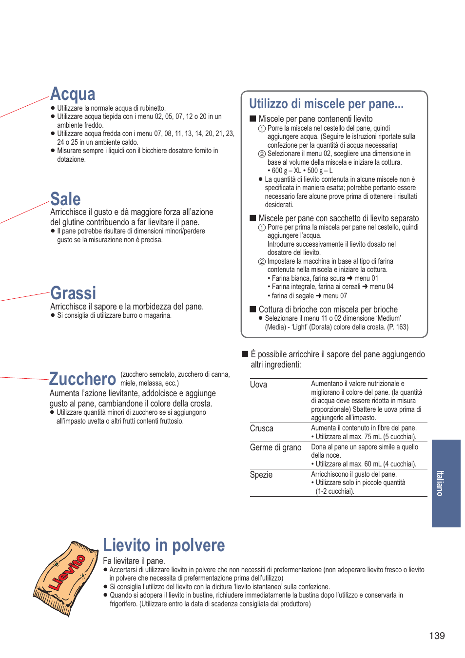 Acqua, Sale, Grassi | Zucchero, Lievito in polvere, Utilizzo di miscele per pane | Panasonic SDZB2502BXA User Manual | Page 139 / 200