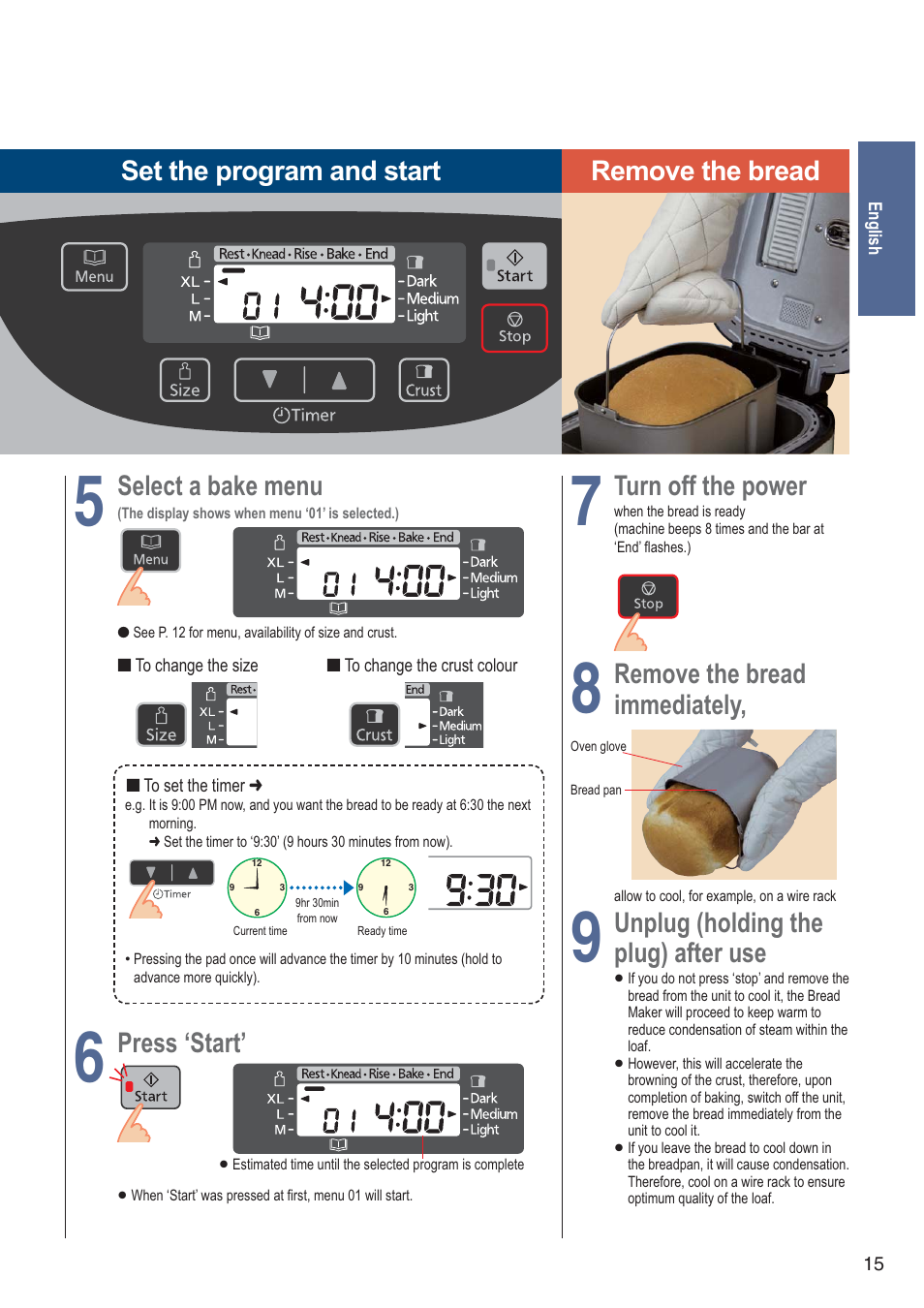 Press ‘start, Turn off the power, Remove the bread | Immediately, Unplug (holding the, Plug) after use | Panasonic SDZB2502BXA User Manual | Page 15 / 200