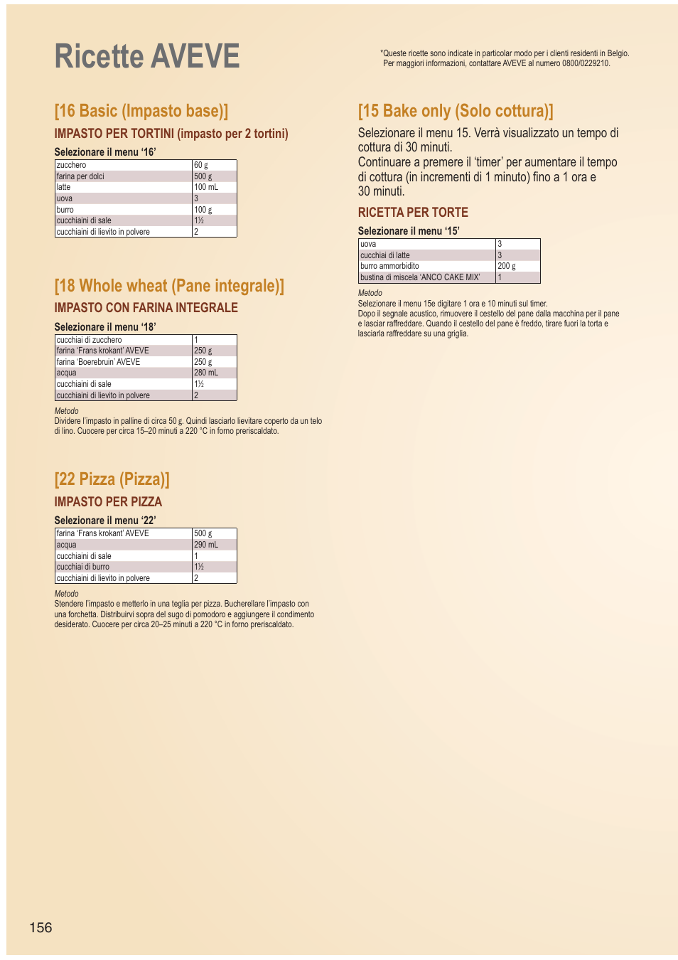 Ricette aveve, 16 basic (impasto base), 18 whole wheat (pane integrale) | 22 pizza (pizza), 15 bake only (solo cottura), Impasto per tortini (impasto per 2 tortini), Impasto con farina integrale, Impasto per pizza | Panasonic SDZB2502BXA User Manual | Page 156 / 200