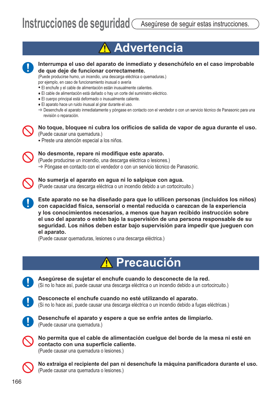 Instrucciones de seguridad, Advertencia, Precaución | Asegúrese de seguir estas instrucciones | Panasonic SDZB2502BXA User Manual | Page 166 / 200