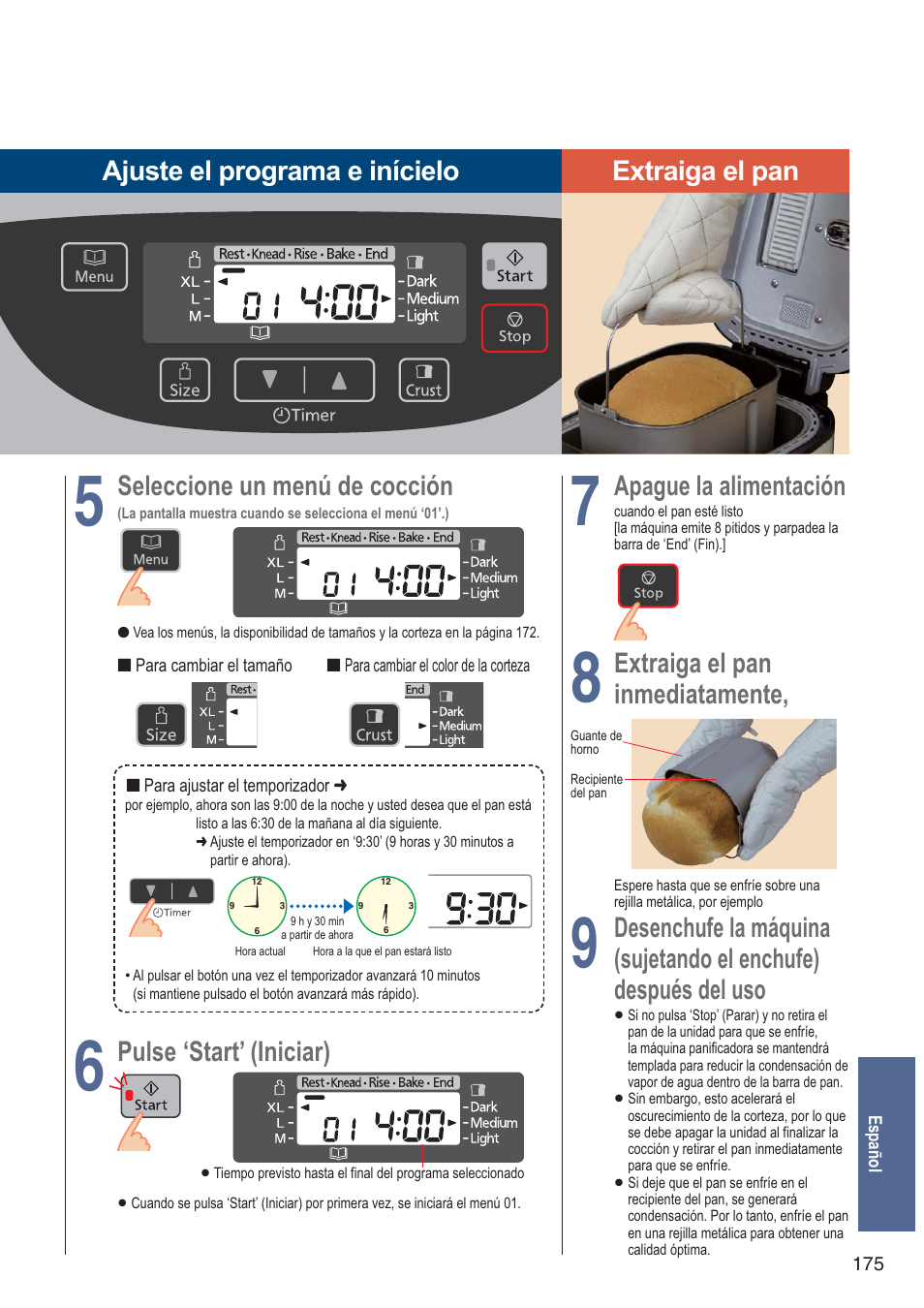 Pulse ‘start’ (iniciar), Apague la alimentación, Extraiga el pan | Inmediatamente, Desenchufe la máquina, Sujetando el enchufe) después del uso | Panasonic SDZB2502BXA User Manual | Page 175 / 200