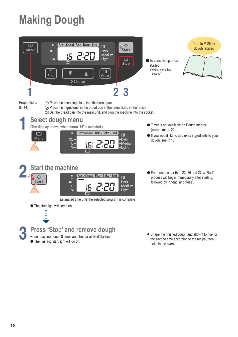 Making dough 1 3 2 | Panasonic SDZB2502BXA User Manual | Page 18 / 200