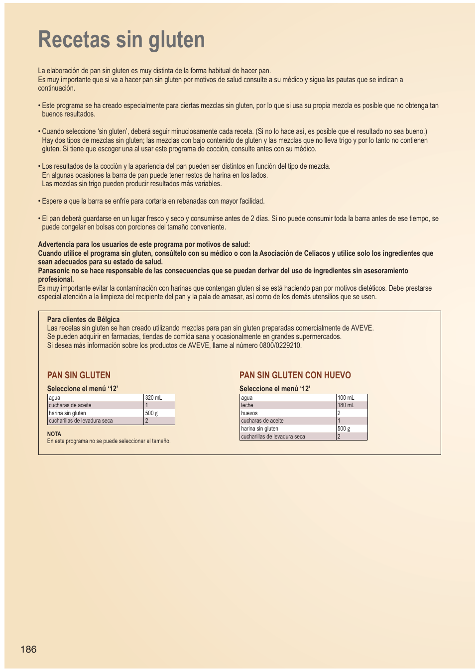 Recetas sin gluten, Pan sin gluten, Pan sin gluten con huevo | Panasonic SDZB2502BXA User Manual | Page 186 / 200