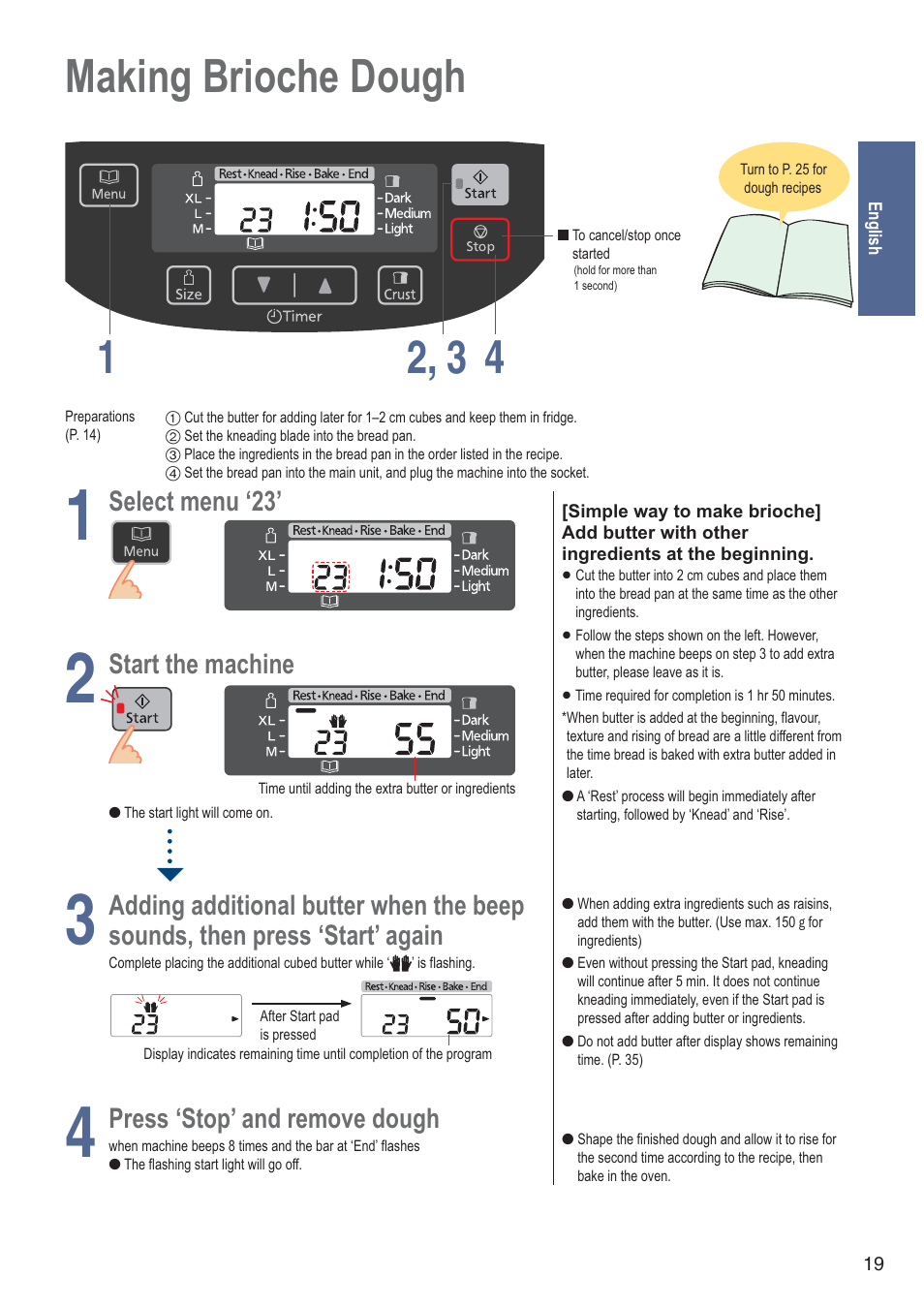 Making brioche dough 1 4 2, 3, Select, Menu ‘23 | Start the machine, Adding additional butter when the beep, Sounds, then press ‘start’ again, Press ‘stop’ and remove dough | Panasonic SDZB2502BXA User Manual | Page 19 / 200