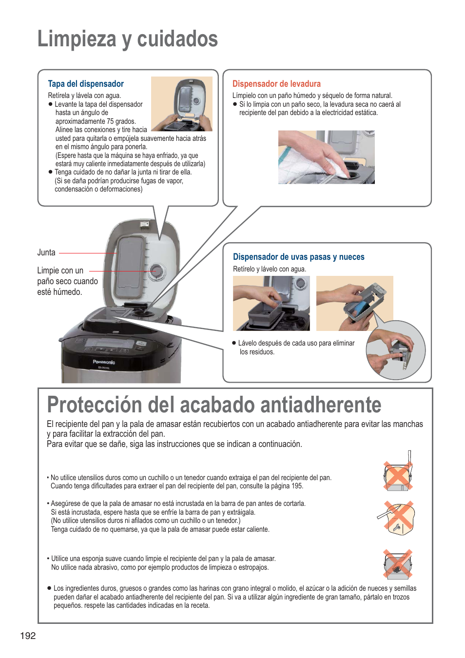 Protección del acabado antiadherente, Limpieza y cuidados | Panasonic SDZB2502BXA User Manual | Page 192 / 200
