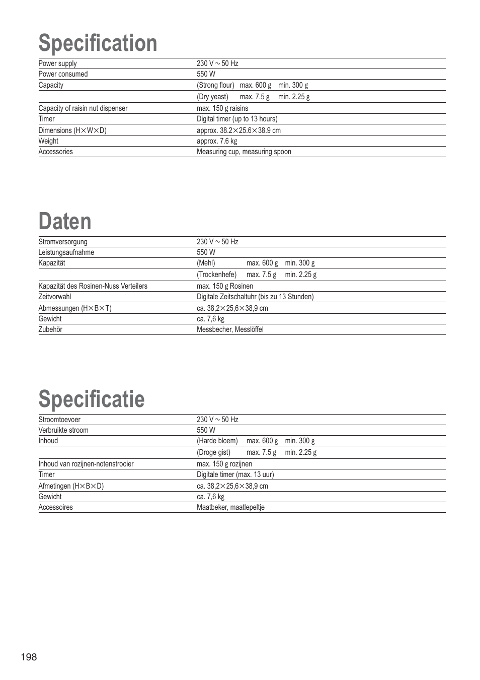 Specification, Daten, Specificatie | Panasonic SDZB2502BXA User Manual | Page 198 / 200