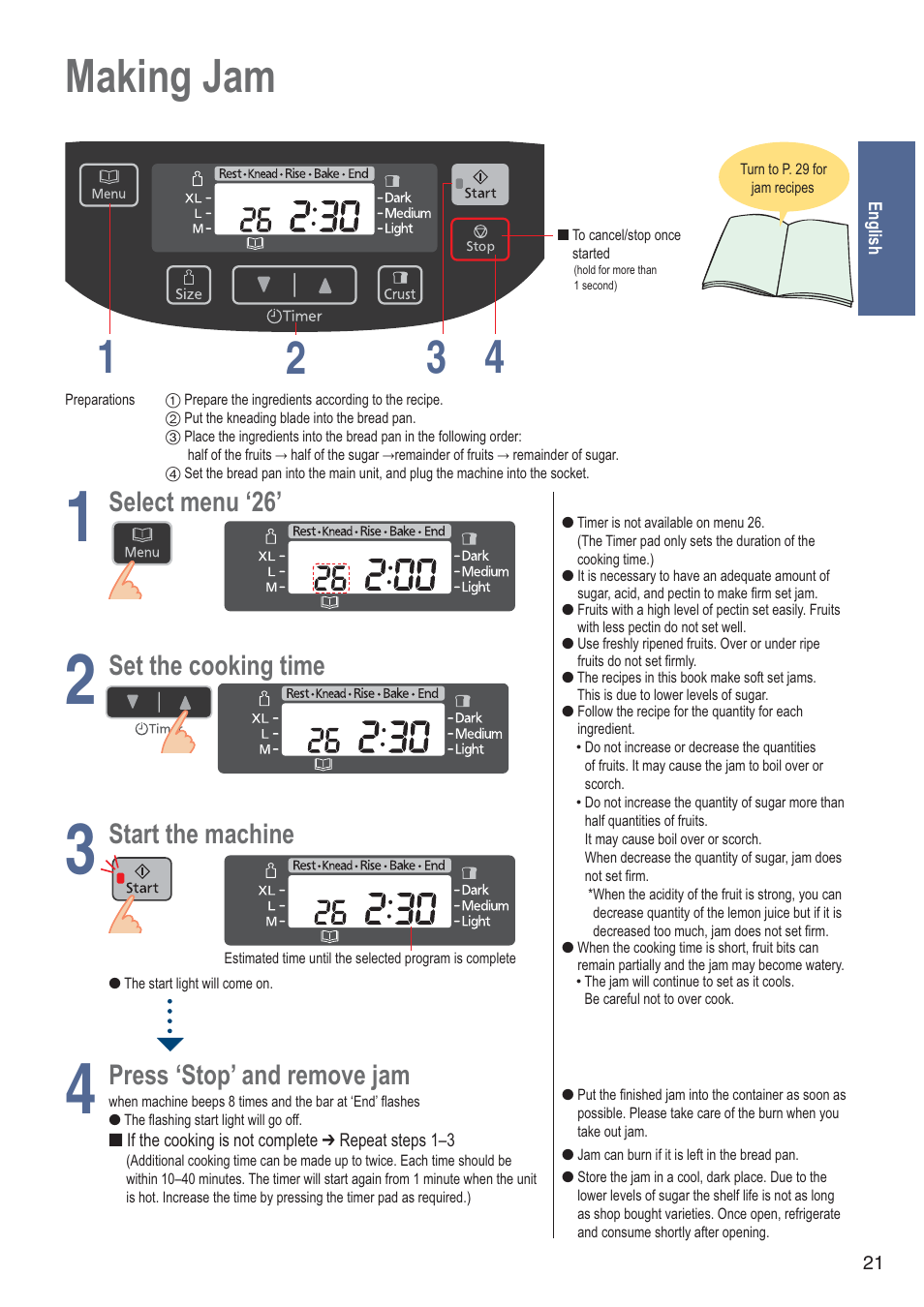 Making jam 1 4 2 3, Select menu ‘26, Set the cooking time | Start the machine, Press ‘stop’ and remove jam | Panasonic SDZB2502BXA User Manual | Page 21 / 200