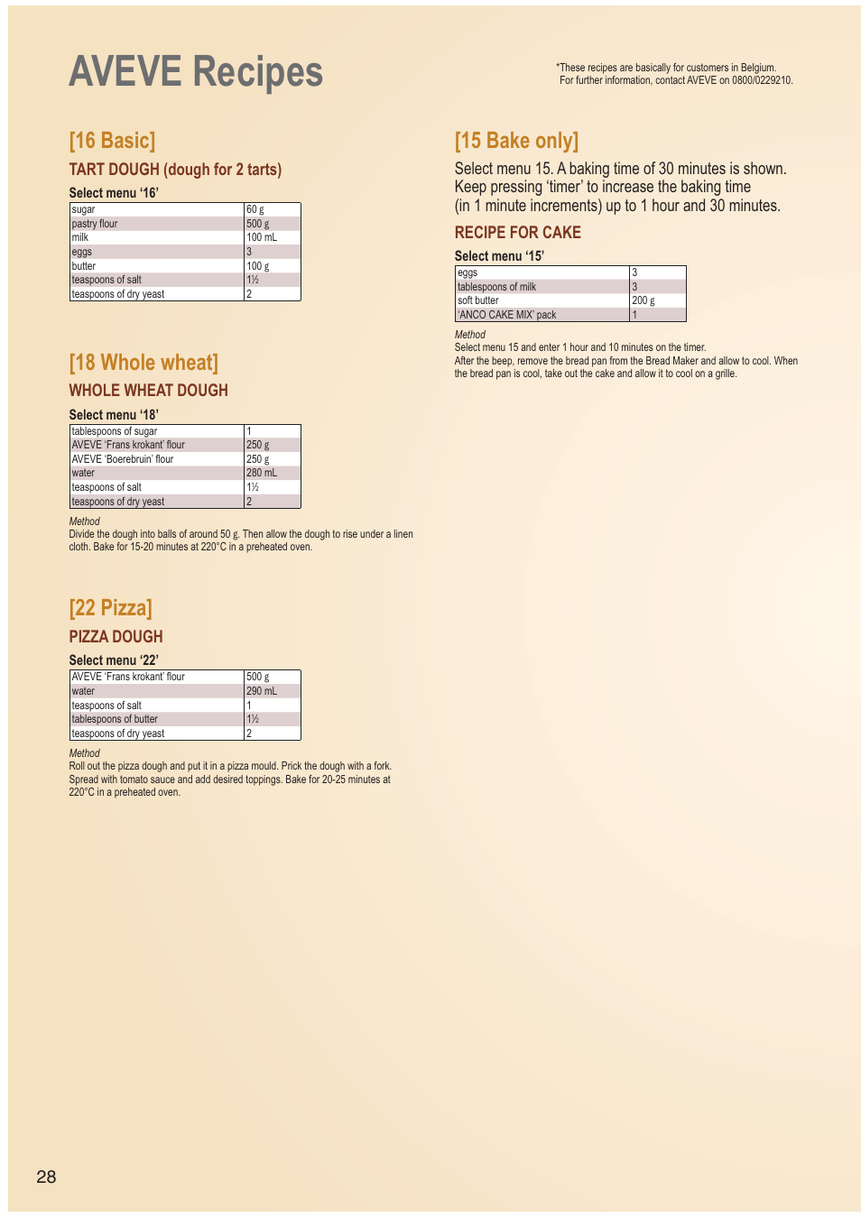 Aveve recipes, 16 basic, 18 whole wheat | 22 pizza, 15 bake only, Tart dough (dough for 2 tarts), Whole wheat dough, Pizza dough | Panasonic SDZB2502BXA User Manual | Page 28 / 200