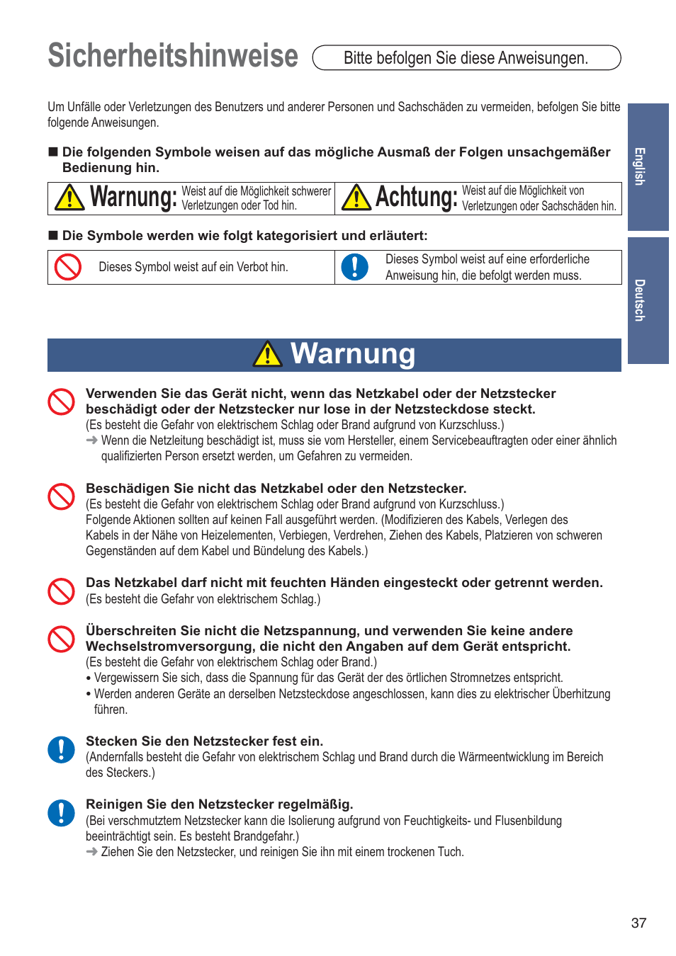 Sicherheitshinweise, Warnung, Achtung | Bitte befolgen sie diese anweisungen | Panasonic SDZB2502BXA User Manual | Page 37 / 200