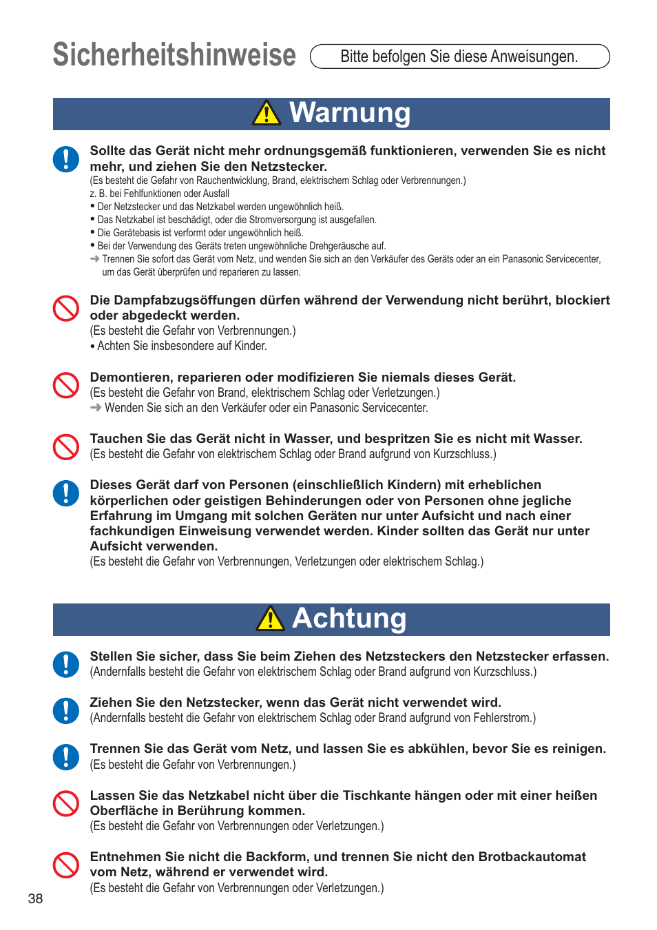 Sicherheitshinweise, Warnung, Achtung | Bitte befolgen sie diese anweisungen | Panasonic SDZB2502BXA User Manual | Page 38 / 200