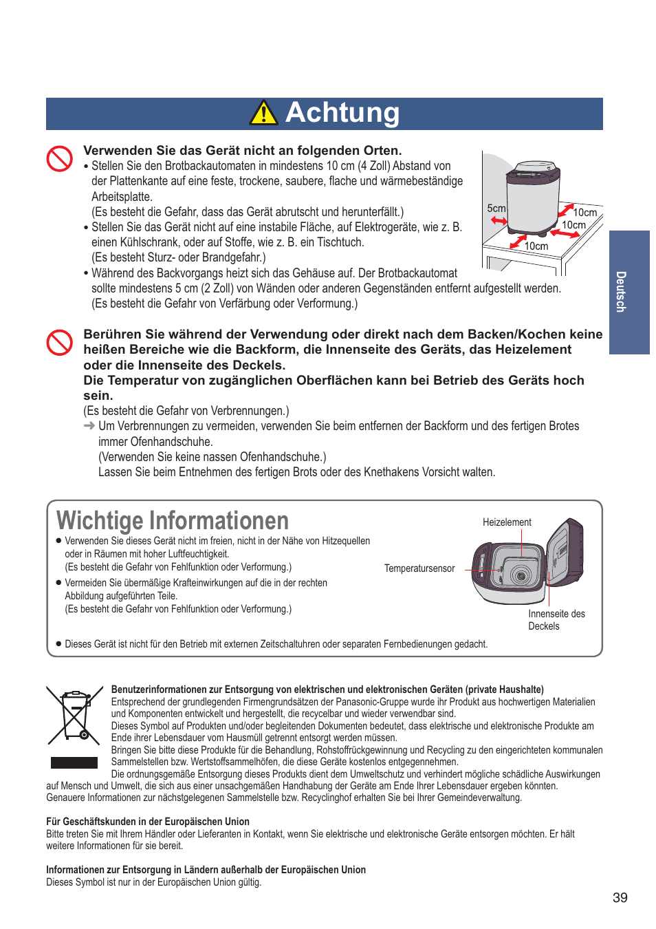 Achtung, Wichtige informationen | Panasonic SDZB2502BXA User Manual | Page 39 / 200