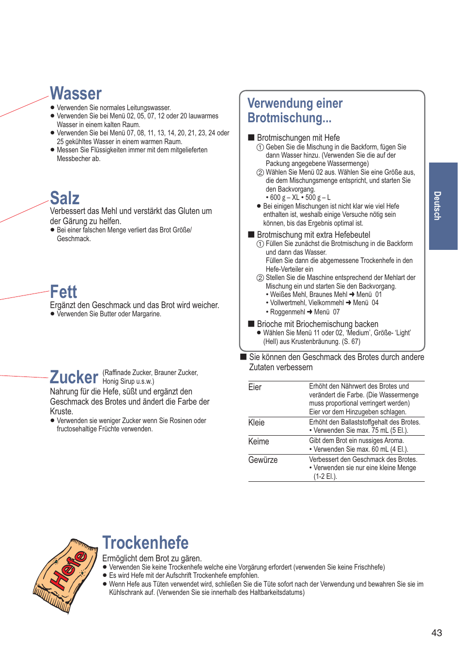 Wasser, Salz, Fett | Zucker, Trockenhefe, Verwendung einer brotmischung | Panasonic SDZB2502BXA User Manual | Page 43 / 200