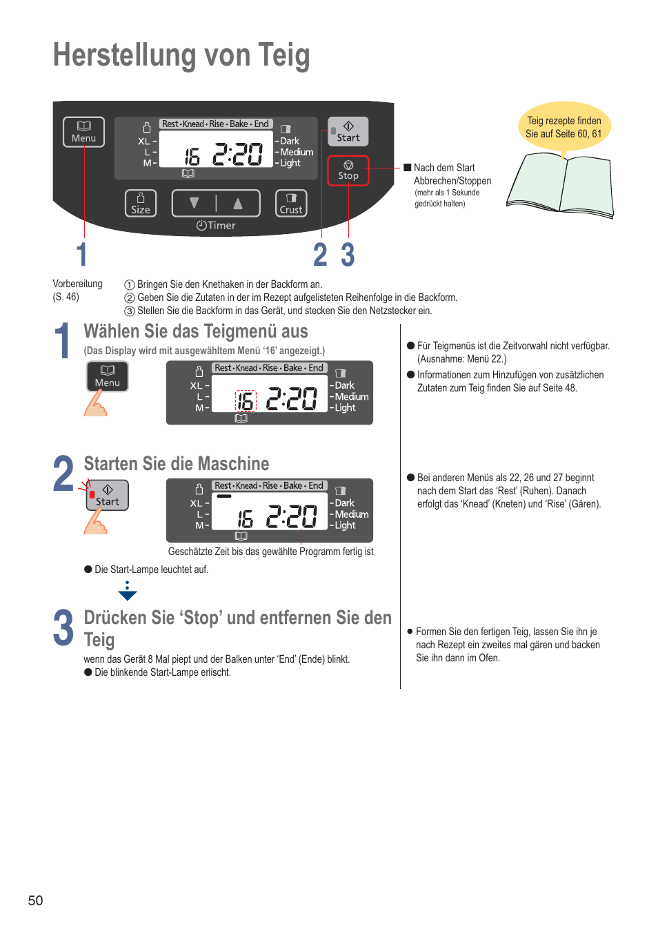 Herstellung von teig 1 3 2 | Panasonic SDZB2502BXA User Manual | Page 50 / 200