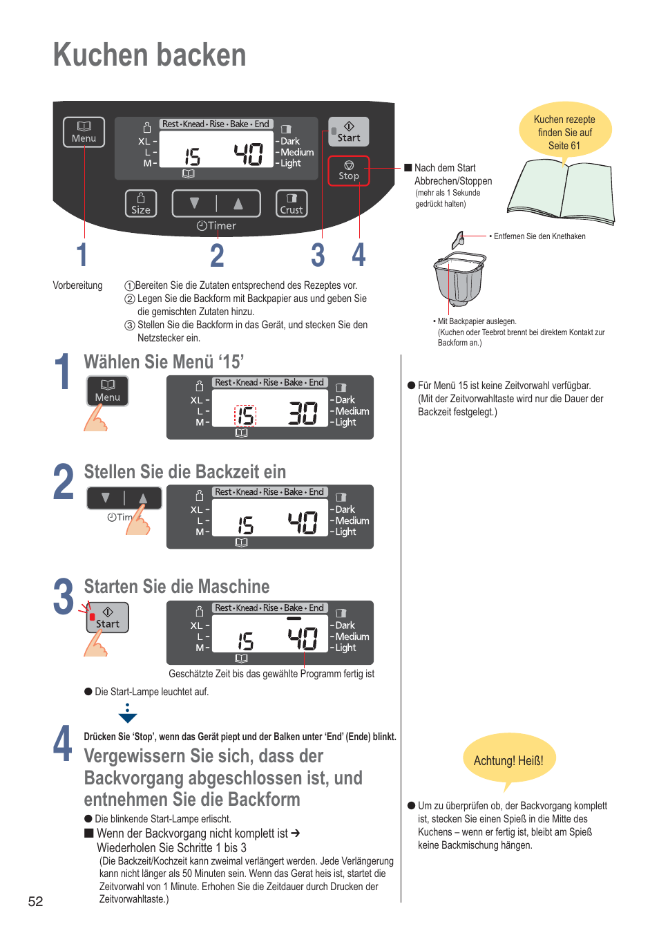 Kuchen backen 1 4 2 3 | Panasonic SDZB2502BXA User Manual | Page 52 / 200