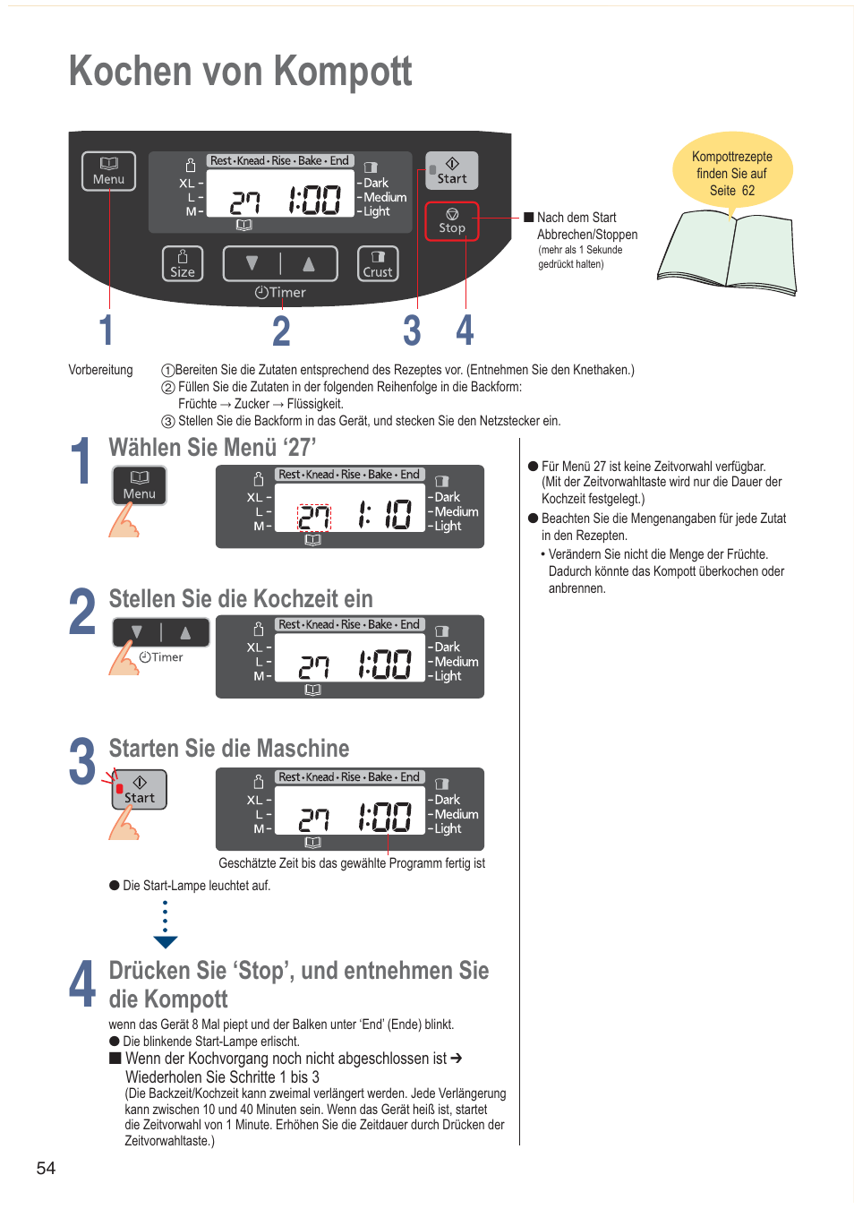 Kochen von kompott 1 4 2 3 | Panasonic SDZB2502BXA User Manual | Page 54 / 200