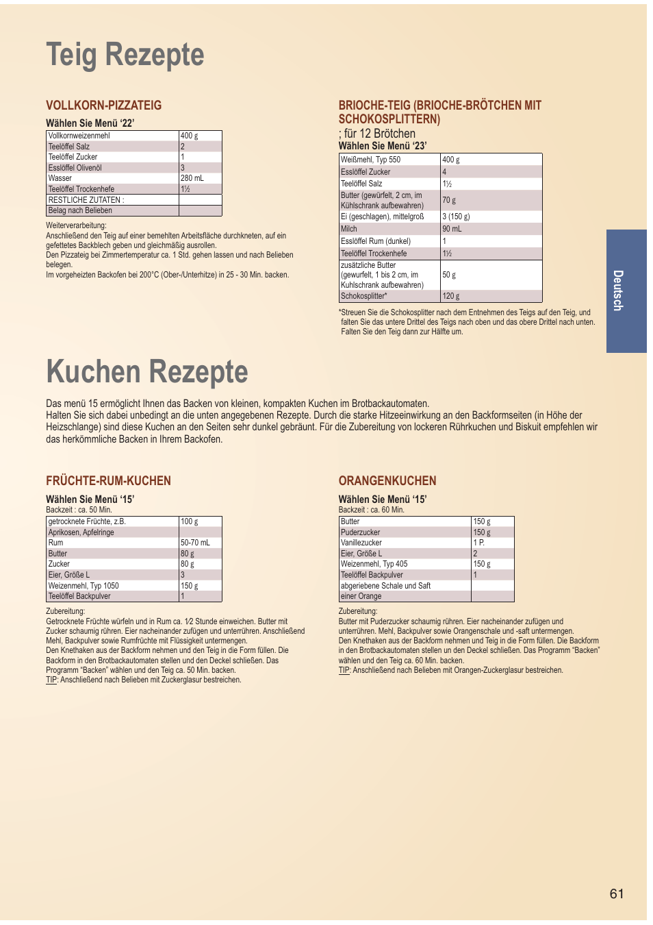 Teig rezepte, Kuchen rezepte, 61 deutsch | Vollkorn-pizzateig, Früchte-rum-kuchen, Orangenkuchen | Panasonic SDZB2502BXA User Manual | Page 61 / 200