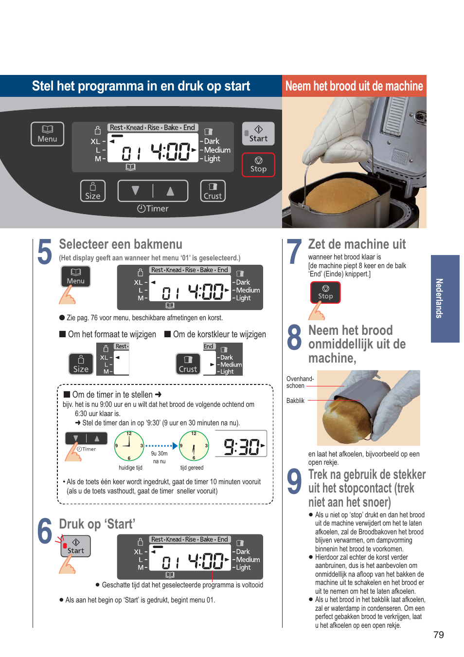 Druk op ‘start, Zet de machine uit, Neem het brood | Onmiddellijk uit de machine, Trek na gebruik de stekker, Uit het stopcontact (trek niet aan het snoer) | Panasonic SDZB2502BXA User Manual | Page 79 / 200