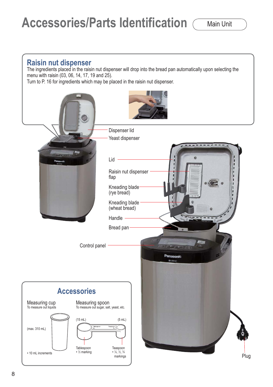 Accessories/parts identification, Raisin nut dispenser, Accessories | Main unit, Measuring cup, Measuring spoon | Panasonic SDZB2502BXA User Manual | Page 8 / 200