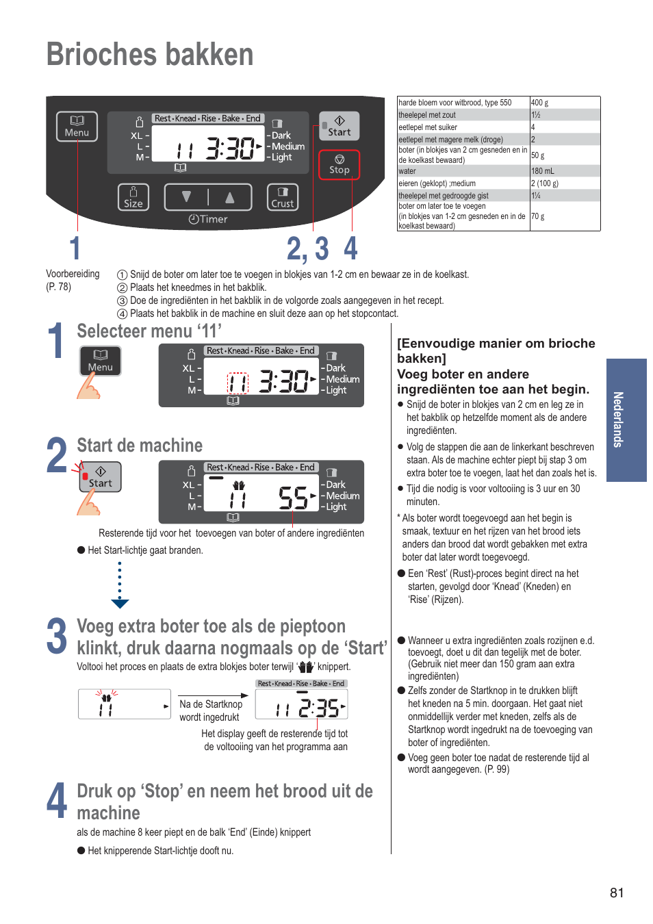 Brioches bakken 1 4 2, 3, Selecteer menu ‘11, Start de machine | Voeg extra boter toe als de pieptoon, Klinkt, druk daarna nogmaals op de ‘start, Druk op ‘stop’ en neem het brood uit de, Machine | Panasonic SDZB2502BXA User Manual | Page 81 / 200