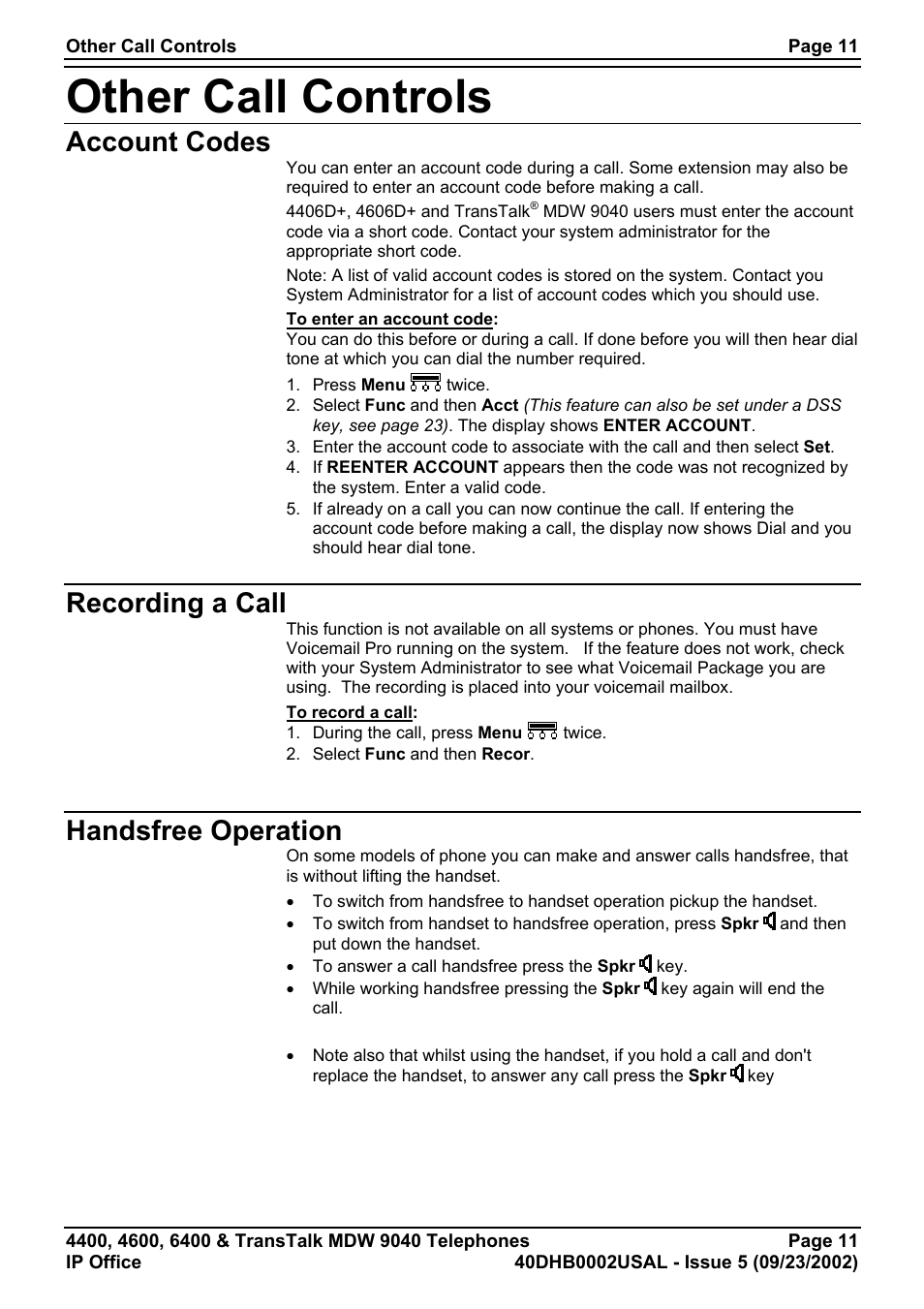 Other call controls, Account codes, Recording a call | Handsfree operation, Account codes recording a call handsfree operation | Avaya IP Office 4400 User Manual | Page 11 / 32