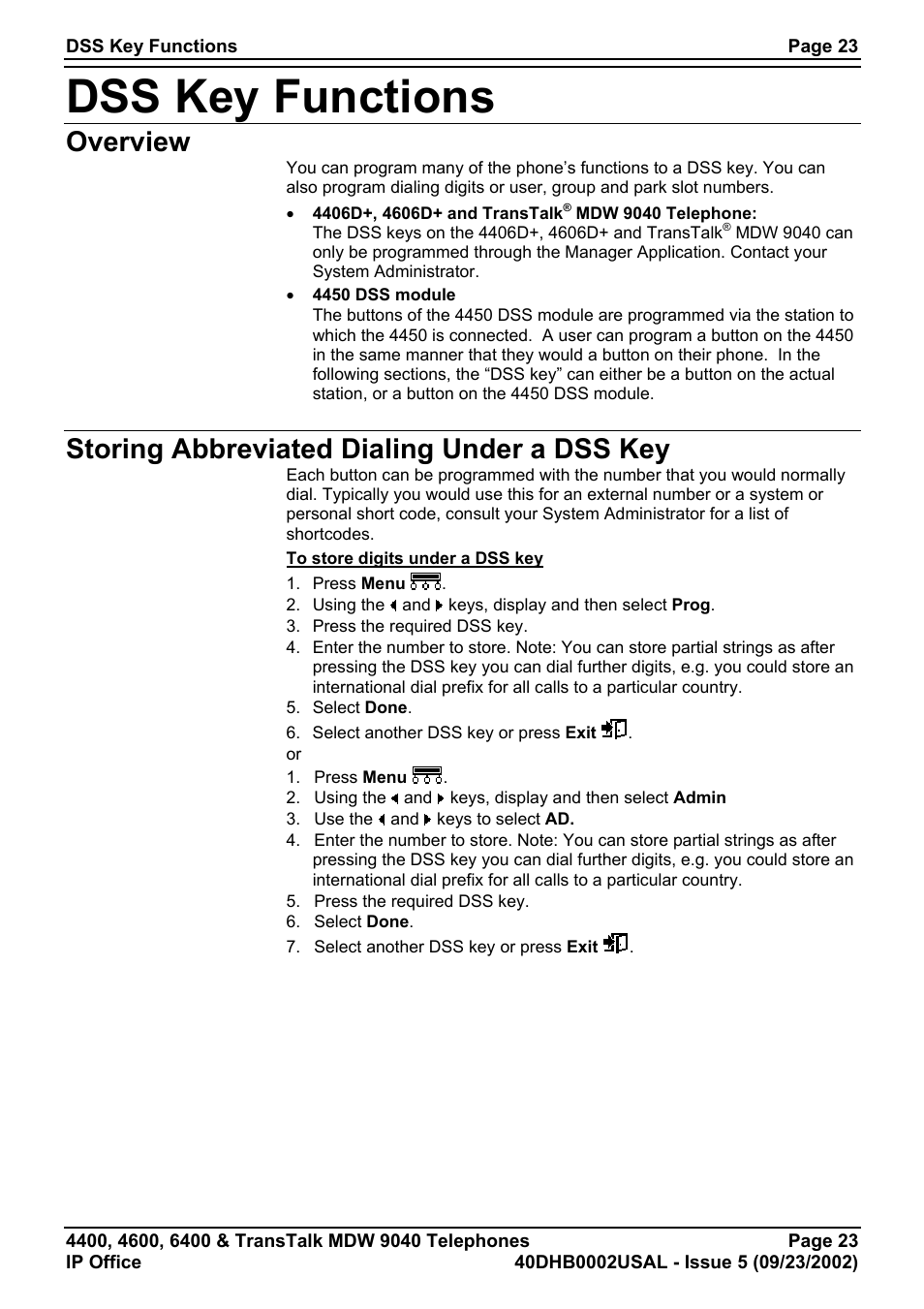 Dss key functions, Overview, Storing abbreviated dialing under a dss key | Avaya IP Office 4400 User Manual | Page 23 / 32