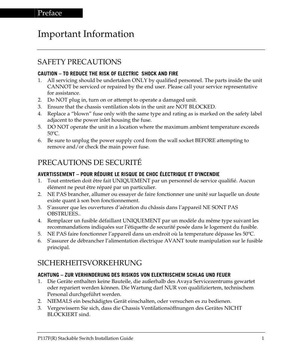 Important information, Preface, Safety precautions | Precautions de securité, Sicherheitsvorkehrung | Avaya P117F(R) User Manual | Page 3 / 44