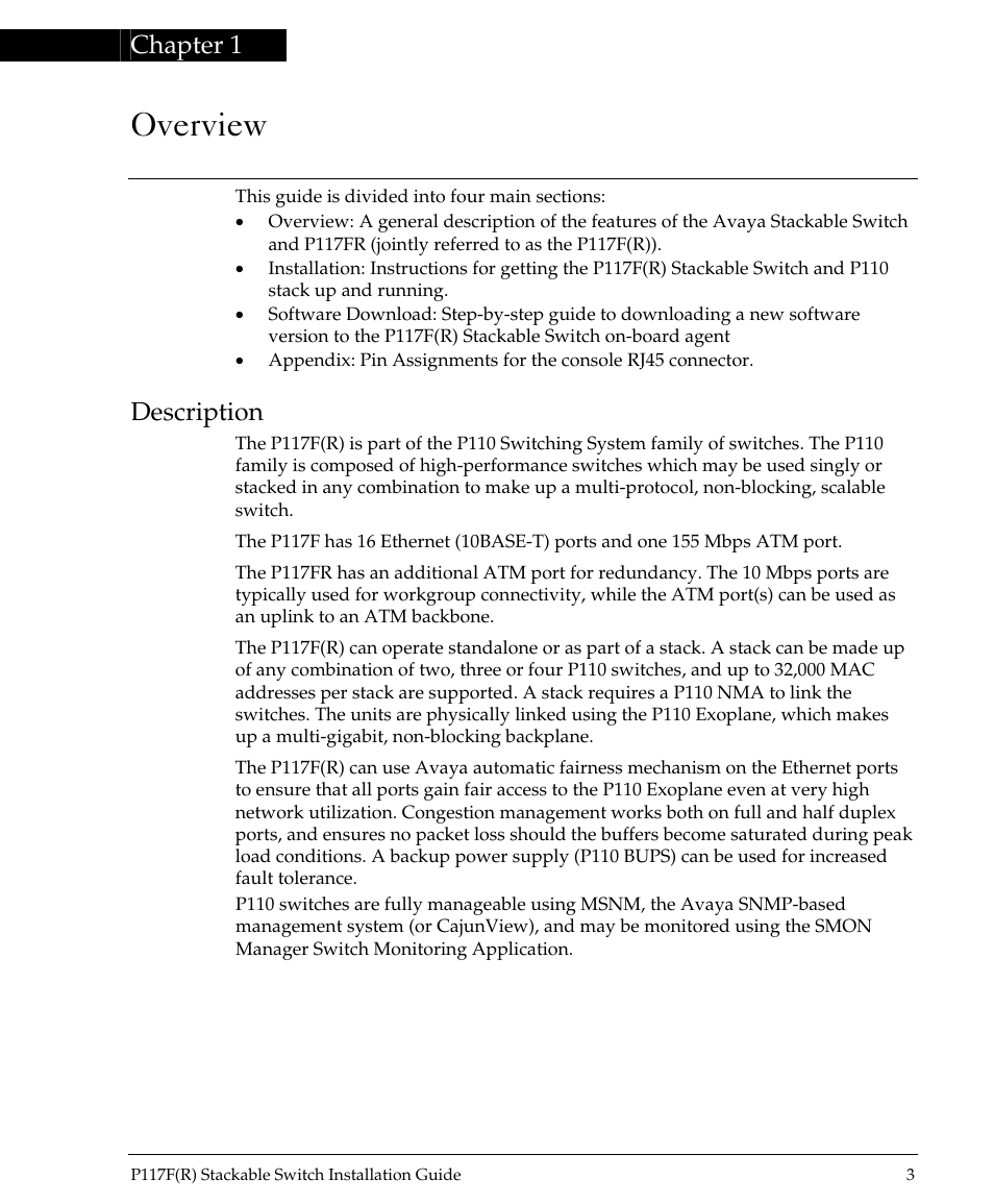 Overview, Chapter 1, Description | Avaya P117F(R) User Manual | Page 5 / 44