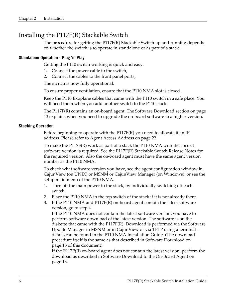 Installing the p117f(r) stackable switch | Avaya P117F(R) User Manual | Page 8 / 44