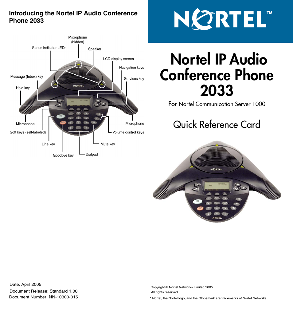 Nortel ip audio conference phone 2033, Quick reference card | Nortel 2033 IP User Manual | Page 2 / 2