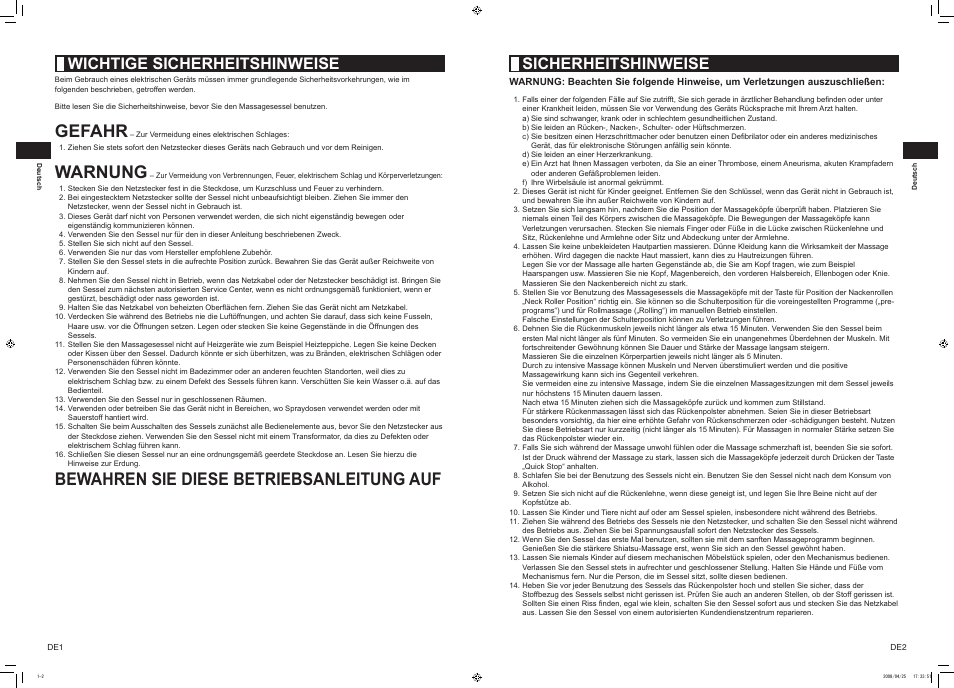 Gefahr, Warnung, Bewahren sie diese betriebsanleitung auf | Wichtige sicherheitshinweise, Sicherheitshinweise | Panasonic EP1082CL802 User Manual | Page 2 / 9