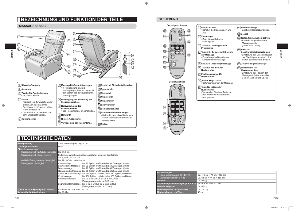 Technische daten, Bezeichnung und funktion der teile | Panasonic EP1082CL802 User Manual | Page 4 / 9